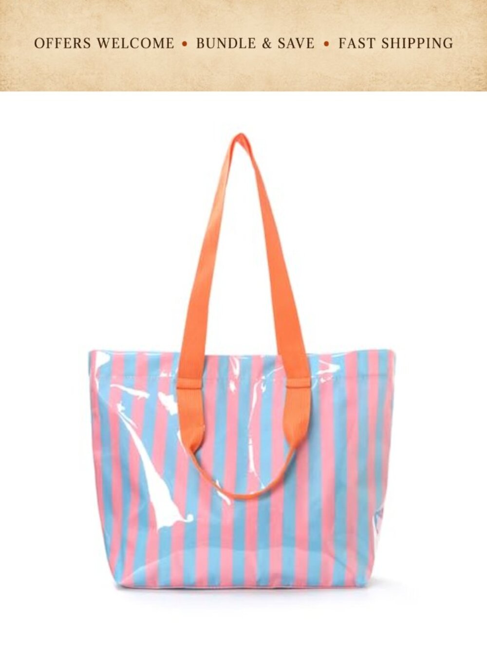Large Waterproof PVC Striped Tote Bag Glossy Woven Handle Beach Handbag